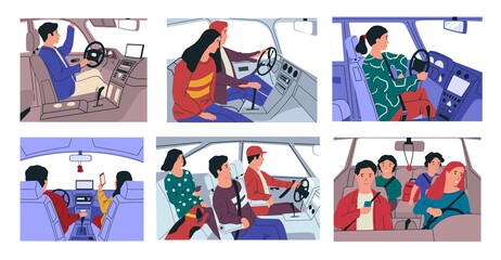 Car ride. Cartoon characters driving vehicle with family and pets. People travel by automobile, move around city. Modern transport interior with steering wheel and dashboard. Vector scenes in auto set