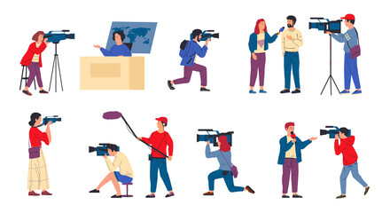 Cameraman. News crew and journalists. TV reporters interviewing, television programs recording. Isolated correspondents with professional cameras and microphones. Live streaming reportage, vector set