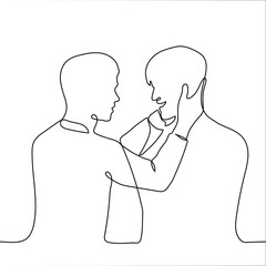 two men look each other in the face, hug and smile. two grooms at the wedding ceremony. one line drawing concept of sympathy, love, intimacy, friendship