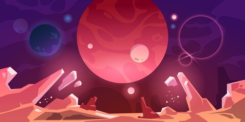 Alien landscape. View from rocky ground to dark sky with stars and planets. Cosmic mountainous relief. Futuristic galactic panorama. Interstellar space. Extraterrestrial scenery, vector illustration