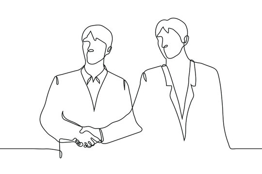 two men in business suits stand side by side and shake hands without looking at each other. one line drawing business partners handshake, silent agreement, informal agreement