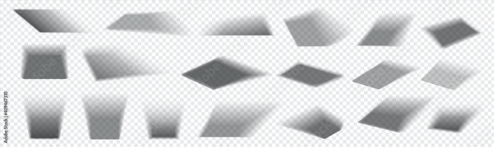 Poster Realistic square shadow. Falling gray shades from rectangular objects. Collection of isolated overlay blackout effects on transparent background. Light from window. Vector decorative templates set