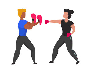 Fototapeta na wymiar Gym boxing training. Young people learning to fight. Fighter practices hits with gloves. Cartoon coach teaching girl to beat. Isolated man and woman doing sport exercises. Vector kickboxing workout