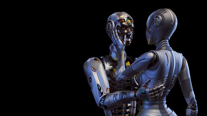 3d render of two detailed cyborgs man and woman or futuristic humanoid robots touching each other with passion and love showing their human sentiments. Isolated on black with copy space for text