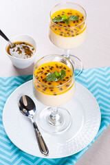 .Passion fruit mousse. Refreshing dessert with fresh passion fruit topping