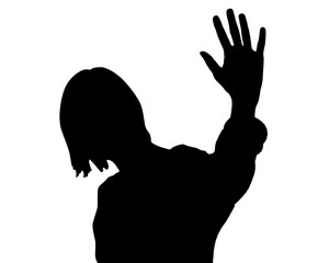 Black female silhouette wearing facial mask showing raised open palm. as a symbol of consent or support, a symbol of voting, a symbol of elections, a sign of well-being, 3D illustration