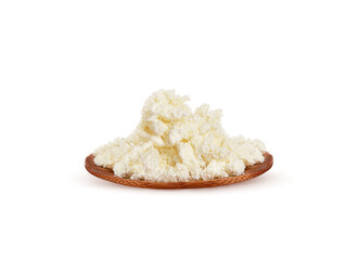 fresh cottage cheese on a wood plate on a white background