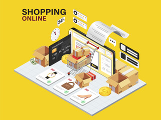 Shopping Online on Mobile Phone.Shopping Online on Website or Mobile Application Vector Concept Marketing and Digital marketing.Selection of product collection.with box and trolley components.