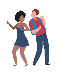 Dancing pair. Cartoon young dancers. Cheerful dance characters. Cute man and woman moving to music. People in disco club. Romantic meeting or leisure pastime. Multiracial couple. Vector illustration