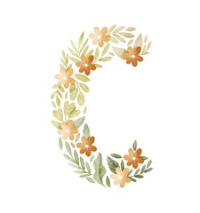 Letter C floral letter with orange flowers and green leaves. Lovely ABC for nursery room or education. Personalized floral monogram. Botanical illustration.