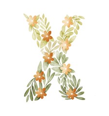 Letter X floral letter with orange flowers and green leaves. Lovely ABC for nursery room or education. Personalized floral monogram. Botanical illustration.