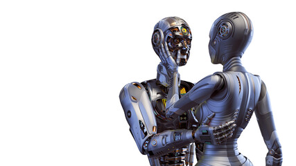 3d render of two detailed cyborgs man and woman or futuristic humanoid robots touching each other with passion and love showing their human sentiments. Isolated on white with copy space for text