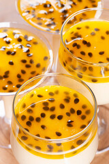 .Passion fruit mousse. Refreshing dessert with fresh passion fruit topping