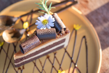 Chocolate mocha cake on yellow dish in coffee shop