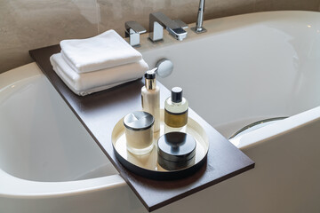 modern white bath tub with equipment of aromatherapy at home, interior design decoration