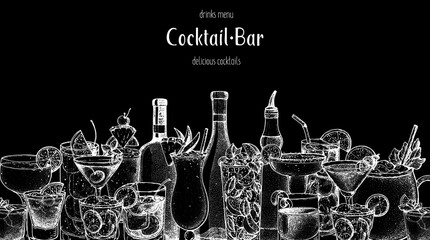 Alcoholic cocktail sketch. Hand drawn vector illustration. Hand drawn drinks illustration. Cocktails set. Menu design elements. - obrazy, fototapety, plakaty