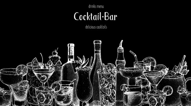 Alcoholic cocktail sketch. Hand drawn vector illustration. Hand drawn drinks illustration. Cocktails set. Menu design elements.