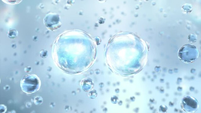 Macro shot of various serum bubbles in water rising up on light background. Super slow motion Beauty glossy Moisturizing bubble blobs or drops 3D animation design