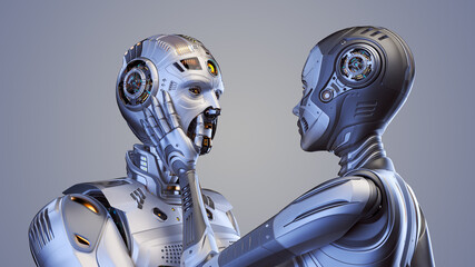 3d render of two detailed cyborgs man and woman or futuristic humanoid robots touching each other with passion and love showing their human sentiments. Isolated on color background