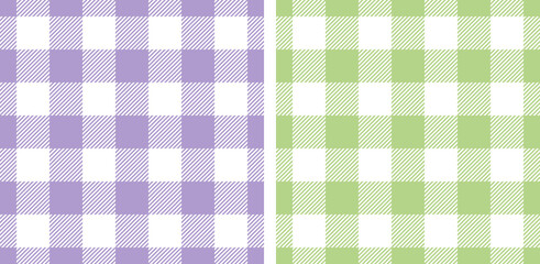 Gingham patterns in green and purple. Seamless vichy backgrounds for picnic tablecloth, dress, skirt, or other modern spring and summer holiday textile design.