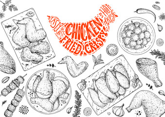 Chicken meat. Grilled and Fried chicken. Hand drawn sketch illustration. Grilled chicken meat top view frame. Vector illustration. Engraved design. Restaurant menu design template. © DiViArts
