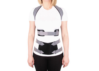Orthopedic lumbar corset on the human body. Back brace, waist support belt for back. Posture...
