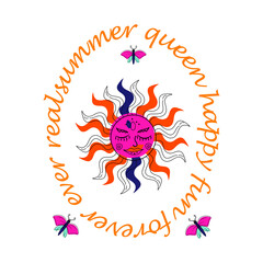 Nature graphic tee with sun and butterfly. Tee design, summer t-shirt, occultism theme, apparel, clothing, logo or brand identity. 