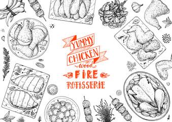 Chicken meat. Grilled and Fried chicken. Hand drawn sketch illustration. Grilled chicken meat top view frame. Vector illustration. Engraved design. Restaurant menu design template. © DiViArts