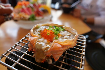 Japanese food Seafood Egg Crab Toasted rubber Selective focus