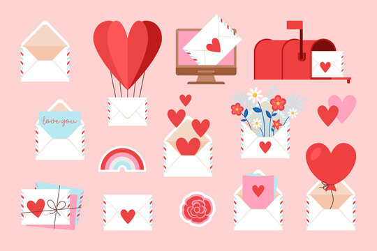 Valentine's day love letter and email icons set for web and graphic design
