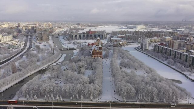 Aerial: The Cathedral of Kaliningrad in the wintertime