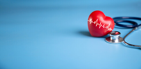 red heart with stethoscope, heart health Insurance for your health concept.Annual health check