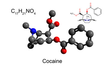 Chemical formula, structural formula and 3D ball-and-stick model of cocaine,  a strong stimulant most frequently used as a recreational drug