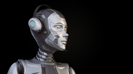3d render of detailed robot woman or futuristic cyber girl with headset. Front right view of the head with copy space for text. Isolated on black background