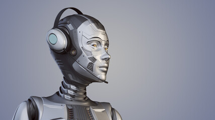 3d render of detailed robot woman or futuristic cyber girl with headset. Front right view of the head with copy space for text. Isolated on color background