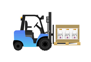 Forklift truck with pallet and box vaccine Covid 19. Cargo delivery, shipping, transportation. Without people. Stock flat vector illustration on white isolated background.