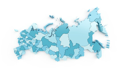 Detailed map of regions of Russian Federation in turquoise color on white. 3D rendering