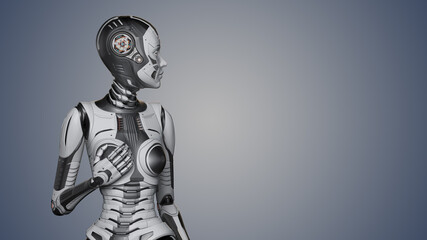 3d render of detailed robot woman or humanoid cyber girl looking right. Upper body isolated on color background with free copy space for text