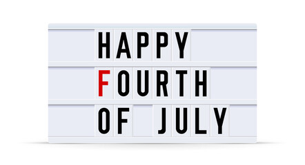 HAPPY FOURTH OF JULY. Text displayed on a vintage letter board light box. Vector illustration.