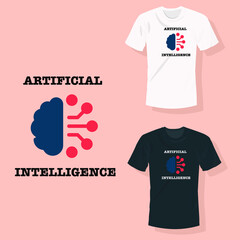 Artificial intelligence with blue brain connected with red wires T shirt clothing fashion design