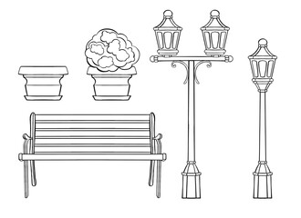 Line art of a bench, a flower bed and a lantern.High quality illustration
