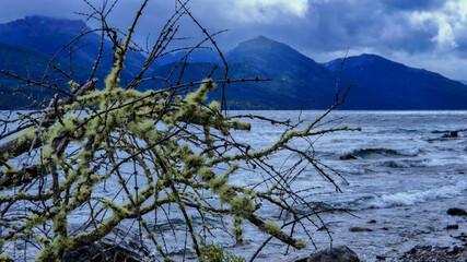 Landscape  of lake Meliquina on a stormy morning. San Martin de los Andes, Neuquen   