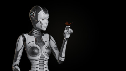 3d render of detailed robot woman or humanoid cyber girl looking at a butterfly sitting on her forefinger. Upper body isolated on black background with copy space for text