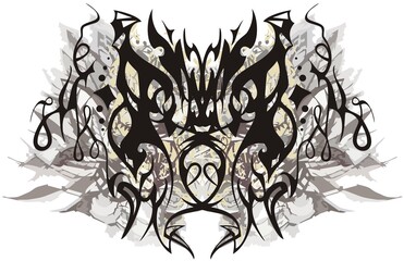 Grunge scary linear butterfly wings on the white. Abstract butterfly wings with elements of gray feathers, artistic line for tattoos, posters, prints, textiles, decorative compositions, etc.