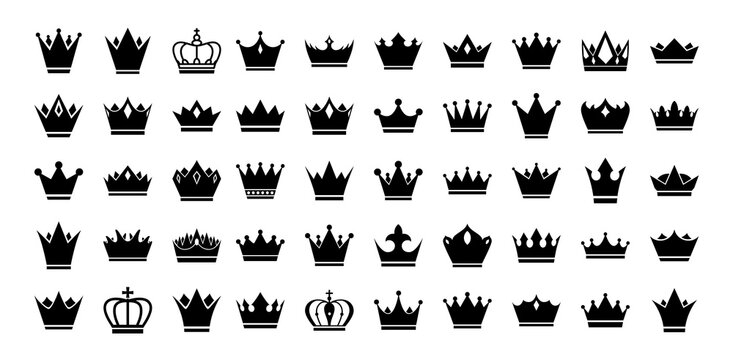 Big set of vector crowns icon. Design elements for use in logos, emblems, badges. King and Queen crowns collection.