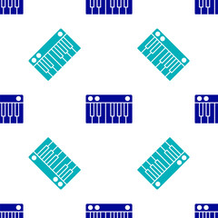 Blue Music synthesizer icon isolated seamless pattern on white background. Electronic piano. Vector Illustration.