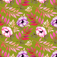 Hand-drawn seamless pattern with anemones, twigs and berries