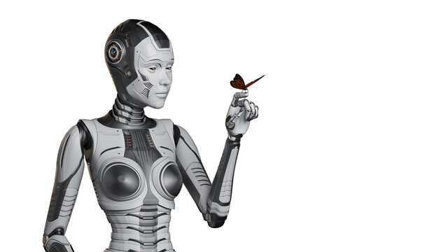 3d render of detailed robot woman or humanoid cyber girl looking at a butterfly sitting on her forefinger. Upper body isolated on white background with copy space for text