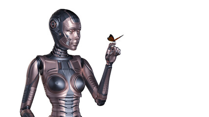 3d render of detailed robot woman or humanoid cyber girl looking at a butterfly sitting on her forefinger. Upper body isolated on white background with copy space for text