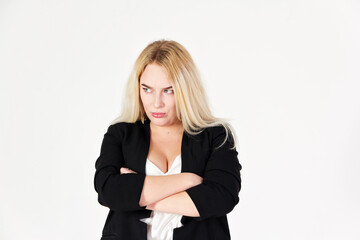 Studio portrait of blonde girl isolated on white background.